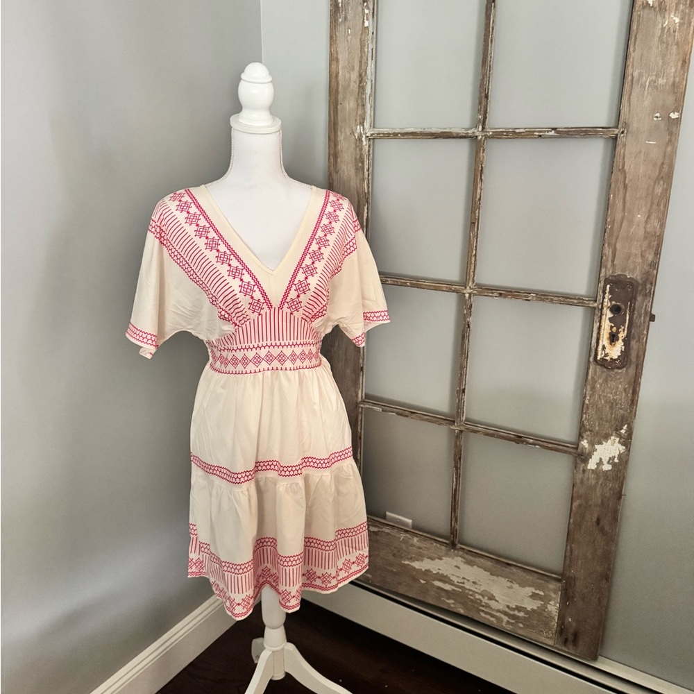 SHEIN Cream and Pink Boho Mini Dress